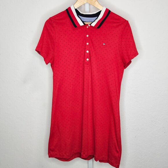Tommy Hilfiger Red Polka Dot Polo Shirt Dress Preppy Patriotic Size Large - Picture 1 of 5
